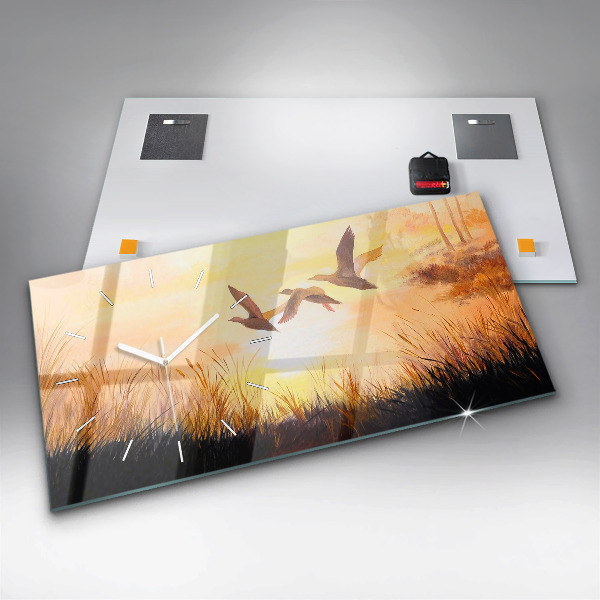 Horizontale Uhr mit motiv Kraniche bei Sonnenuntergang