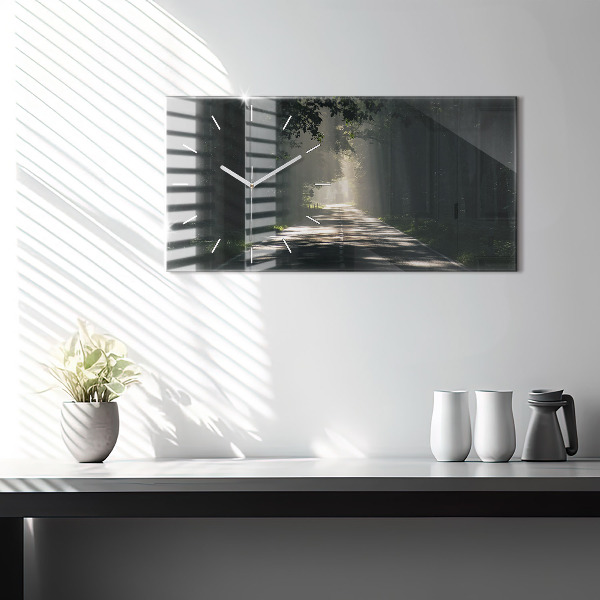 Horizontale Uhr mit motiv Waldweg und Sonnenschlieren