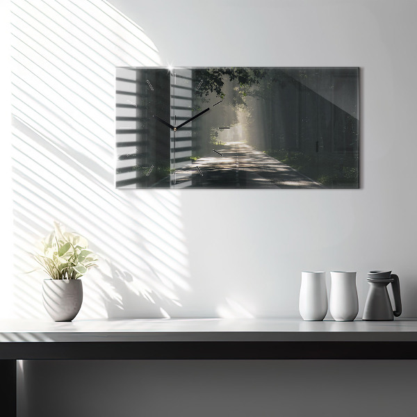 Horizontale Uhr mit motiv Waldweg und Sonnenschlieren