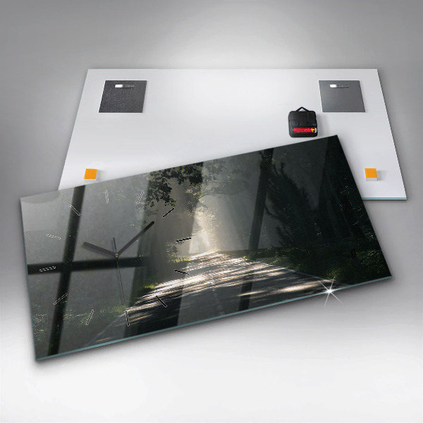 Horizontale Uhr mit motiv Waldweg und Sonnenschlieren