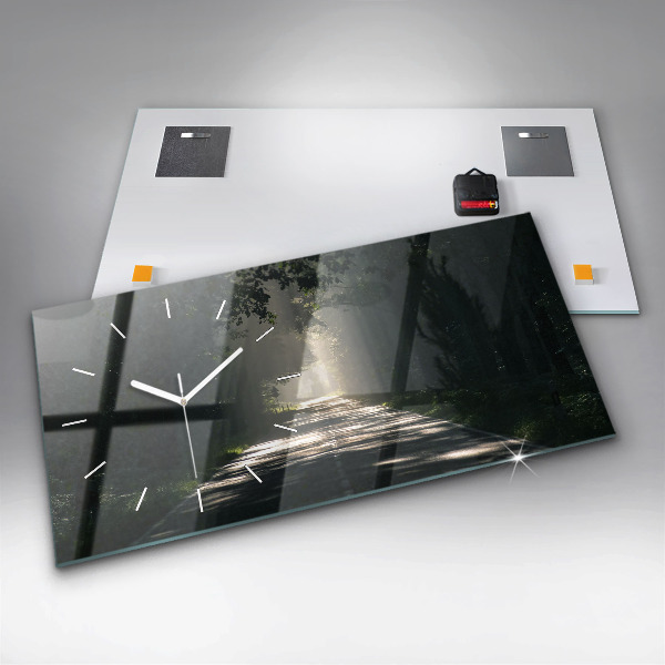 Horizontale Uhr mit motiv Waldweg und Sonnenschlieren