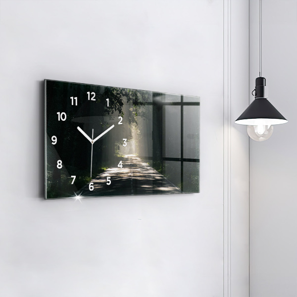 Horizontale Uhr mit motiv Waldweg und Sonnenschlieren