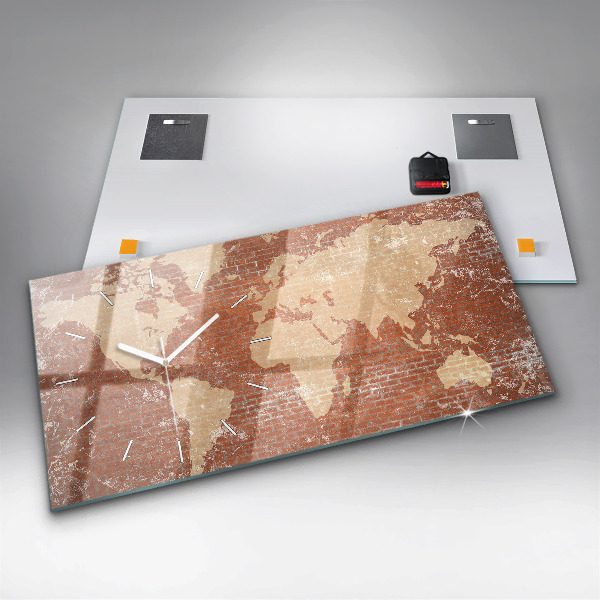 Horizontale Uhr Weltkarte auf einem Ziegelstein