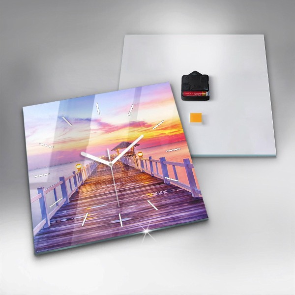 Wanduhr quadratisch mit motiv Brücke im Hafen am Abend