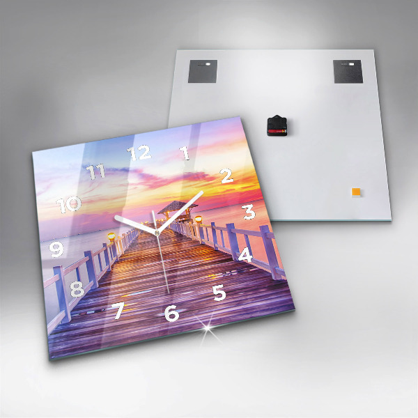 Wanduhr quadratisch mit motiv Brücke im Hafen am Abend