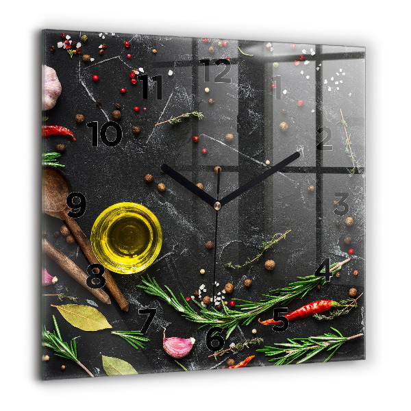 Wanduhr modern quadratisch Gewürze auf der Tischplatte