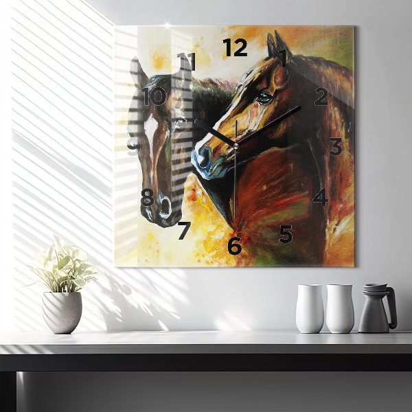 Wanduhr quadratisch Zwei gemalte Pferde