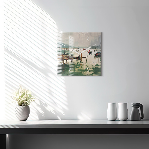 Wanduhr quadratisch mit motiv Fischerboote im Hafen