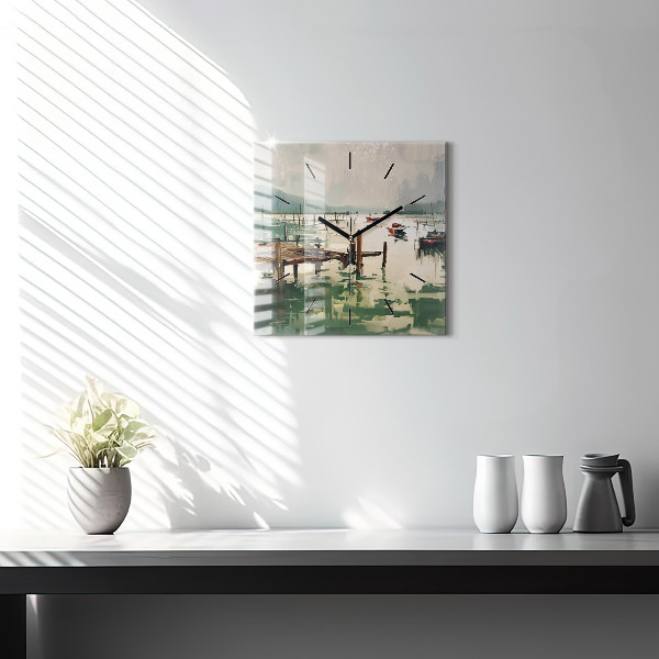 Wanduhr quadratisch mit motiv Fischerboote im Hafen