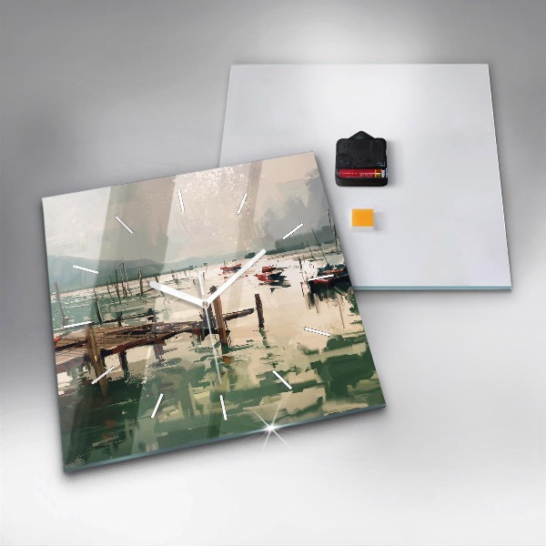 Wanduhr quadratisch mit motiv Fischerboote im Hafen