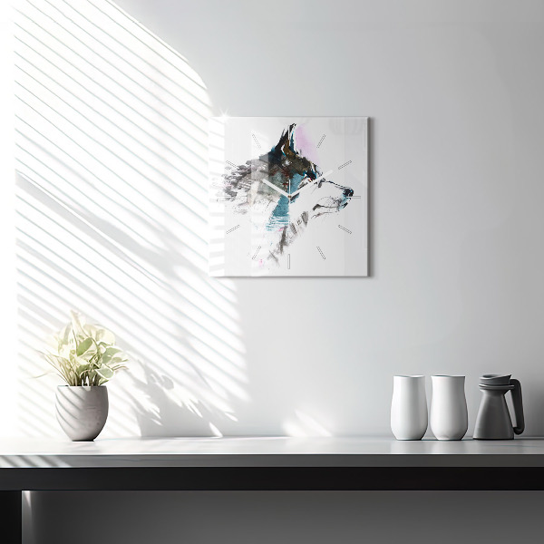 Wanduhr quadratisch mit motiv Profil eines gemalten Wolfes