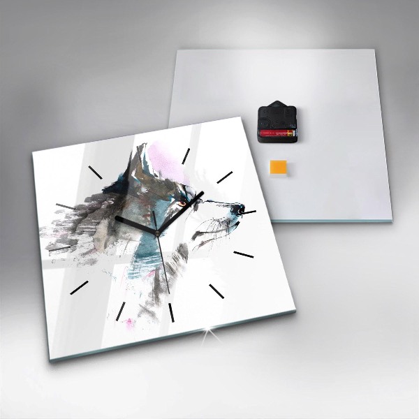 Wanduhr quadratisch mit motiv Profil eines gemalten Wolfes