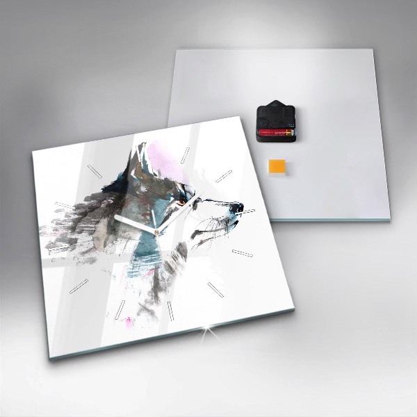 Wanduhr quadratisch mit motiv Profil eines gemalten Wolfes