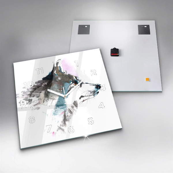 Wanduhr quadratisch mit motiv Profil eines gemalten Wolfes