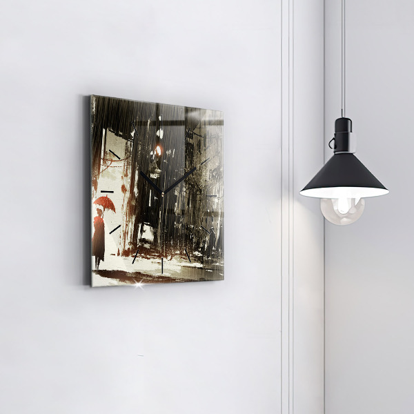 Wanduhr quadratisch mit motiv Frau in einer regnerischen Nacht