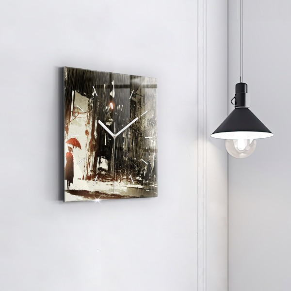 Wanduhr quadratisch mit motiv Frau in einer regnerischen Nacht