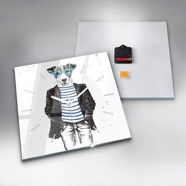 Wanduhr modern quadratisch Hund in einem menschlichen Körper