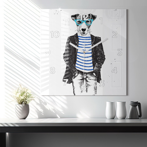 Wanduhr modern quadratisch Hund in einem menschlichen Körper