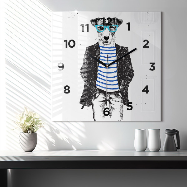Wanduhr modern quadratisch Hund in einem menschlichen Körper