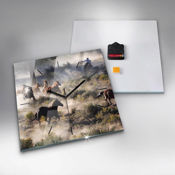 Wanduhr quadratisch Herde von rasenden Pferden