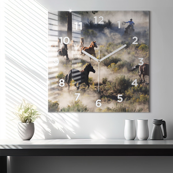Wanduhr quadratisch Herde von rasenden Pferden