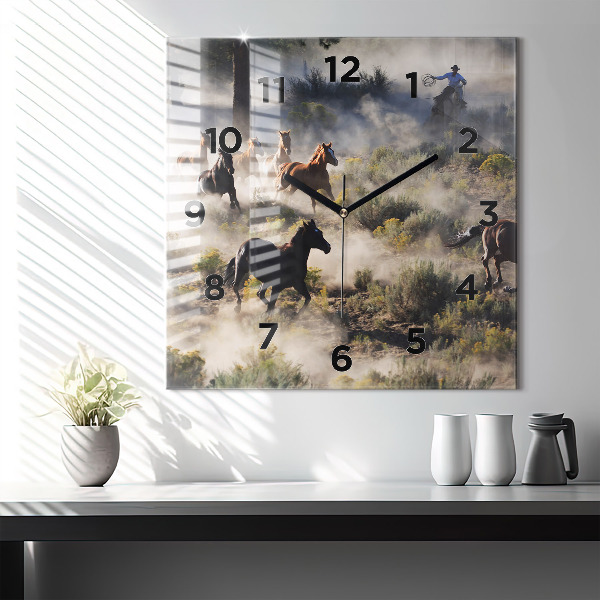 Wanduhr quadratisch Herde von rasenden Pferden