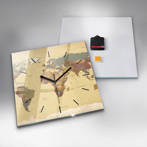Wanduhr quadratisch mit motiv Weltkarte im Vintage-Stil