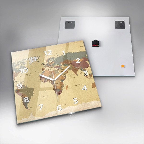 Wanduhr quadratisch mit motiv Weltkarte im Vintage-Stil