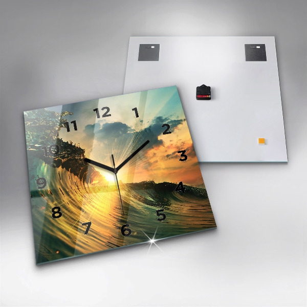 Wanduhr quadratisch Wellenperspektive Sonnenuntergang