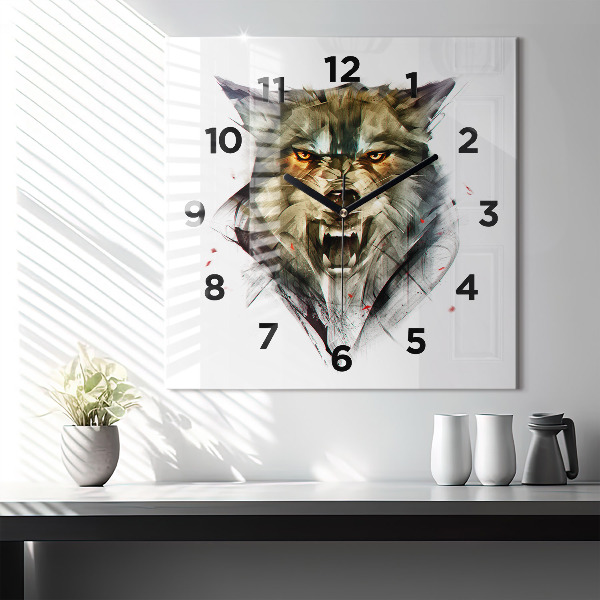 Wanduhr modern quadratisch Gezeichnetes Porträt eines Wolfes