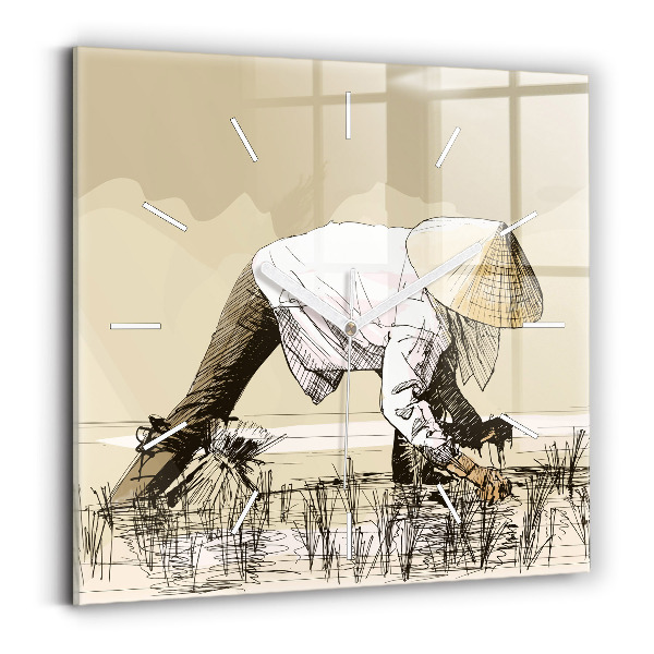 Wanduhr quadratisch mit motiv Frau pflückt Reis