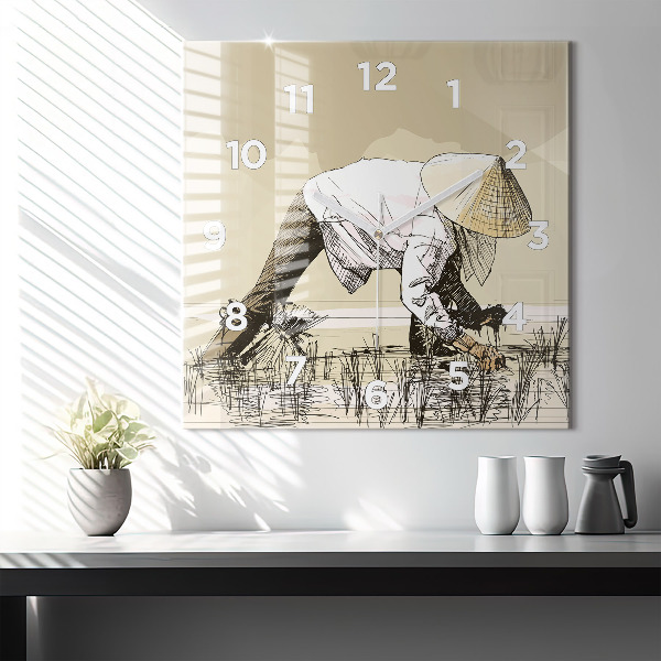 Wanduhr quadratisch mit motiv Frau pflückt Reis