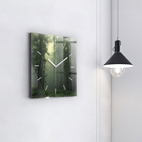Wanduhr modern quadratisch Nebliger Wald am Morgen