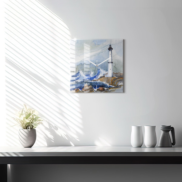 Wanduhr quadratisch mit motiv Meer und Leuchtturm