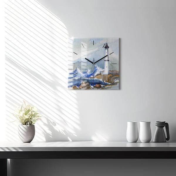 Wanduhr quadratisch mit motiv Meer und Leuchtturm
