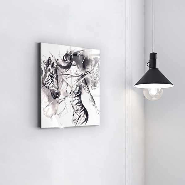 Wanduhr modern quadratisch Frau und Zebras