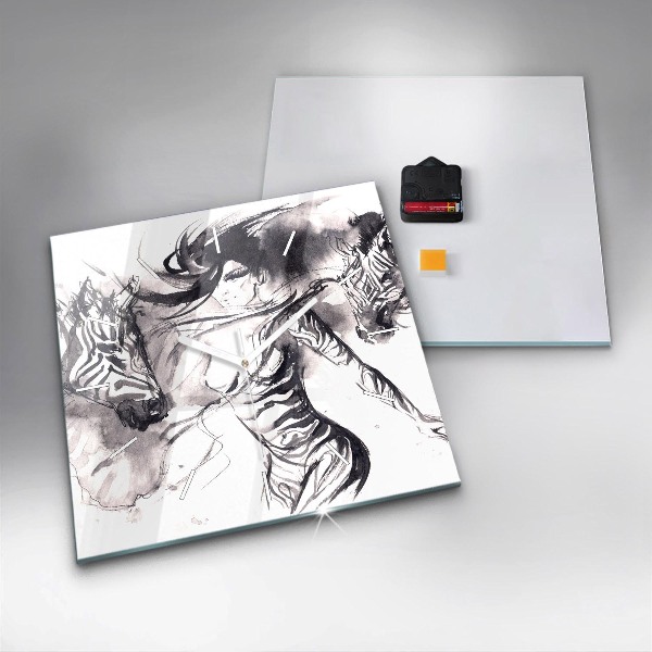 Wanduhr modern quadratisch Frau und Zebras