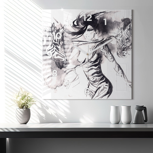 Wanduhr modern quadratisch Frau und Zebras
