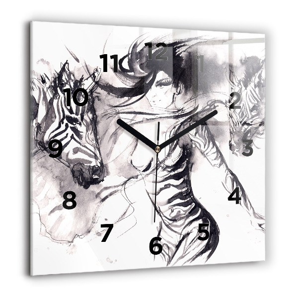 Wanduhr modern quadratisch Frau und Zebras
