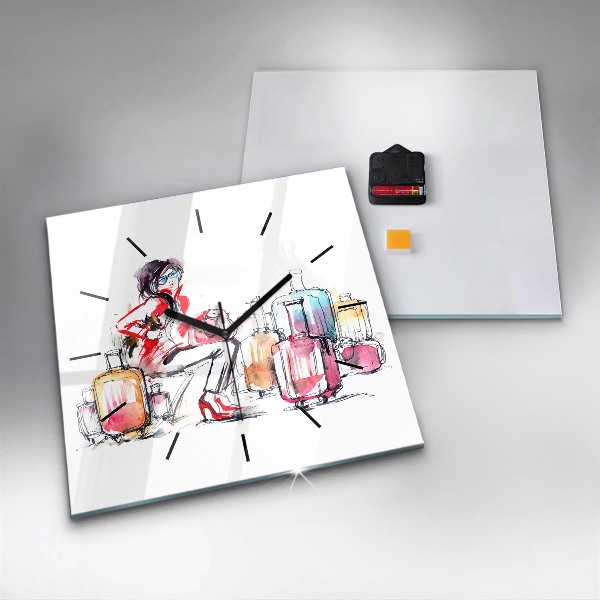 Wanduhr quadratisch mit motiv Frau Reisekoffer