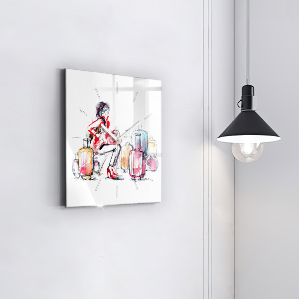 Wanduhr quadratisch mit motiv Frau Reisekoffer
