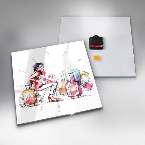 Wanduhr quadratisch mit motiv Frau Reisekoffer