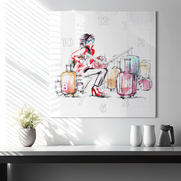 Wanduhr quadratisch mit motiv Frau Reisekoffer