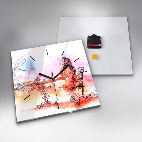 Wanduhr modern quadratisch Frau trinkt Tee