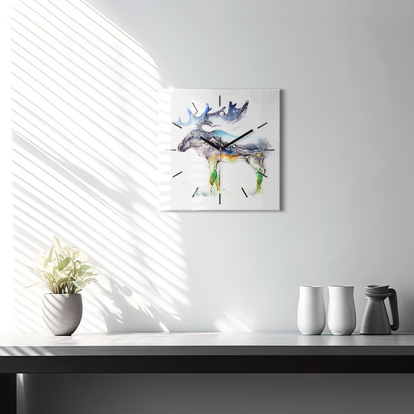 Wanduhr quadratisch Elch und Berglandschaft
