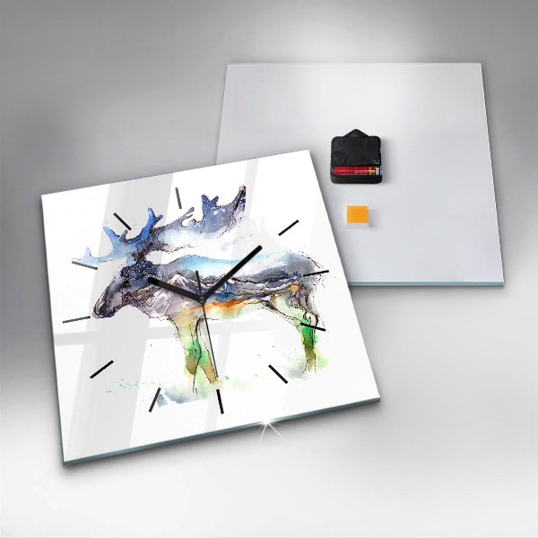 Wanduhr quadratisch Elch und Berglandschaft