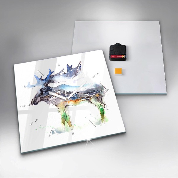 Wanduhr quadratisch Elch und Berglandschaft