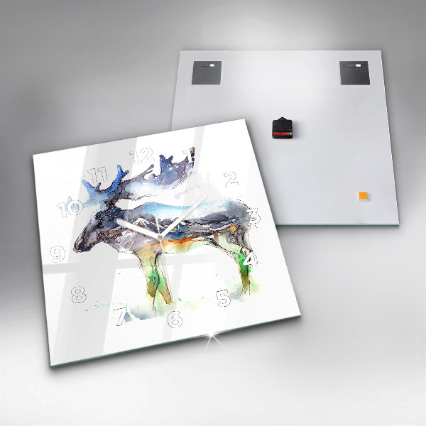 Wanduhr quadratisch Elch und Berglandschaft