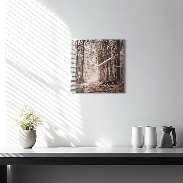 Wanduhr quadratisch Waldweg in Sepia