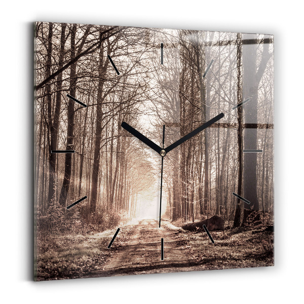 Wanduhr quadratisch Waldweg in Sepia